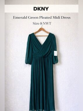 DKNY Emerald Green Pleated Midi Dress Size 8 NWT